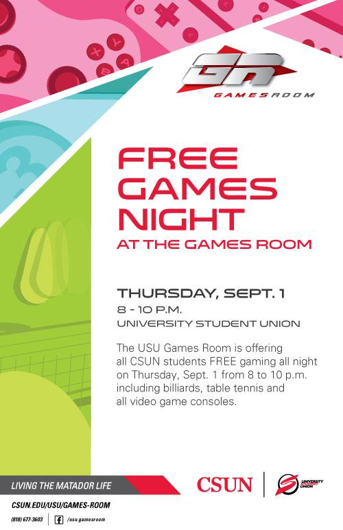 Free Games Night at the Games Room, Thursday, Sept. 1, 8 - 10 p.m.