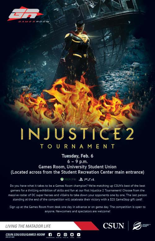 Injustice 2 Tournament, Tuesday, February 6, from 6 to 9 p.m. at the Games Room, USU