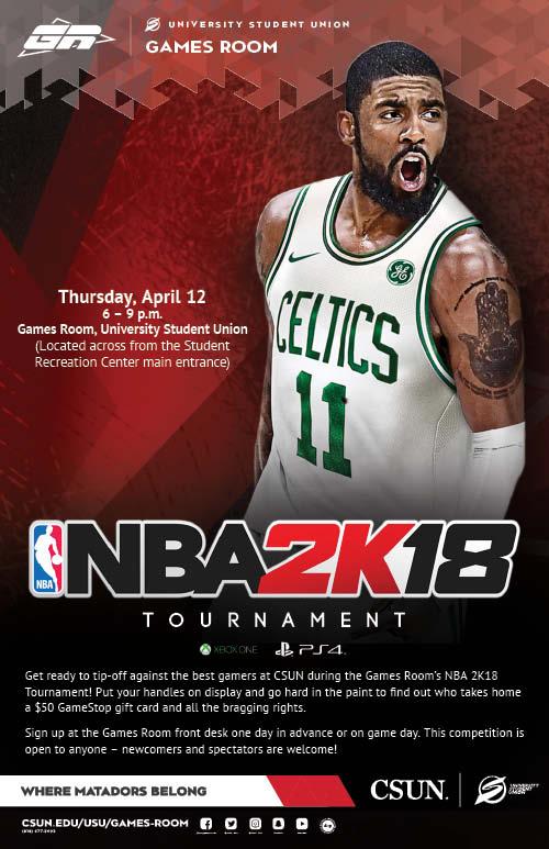NBA 2K18 Tournament. Thursday, April 12, from 6 to 9 p.m., at the Games Room, USU