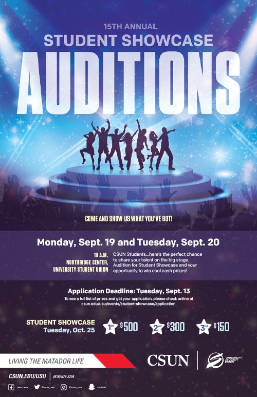 Student Showcase Auditions: Monday, Sept. 19 and Tuesday, Sept. 20