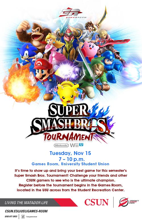 Super Smash Bros Tournament: Tuesday, Nov. 12 at the Games Room