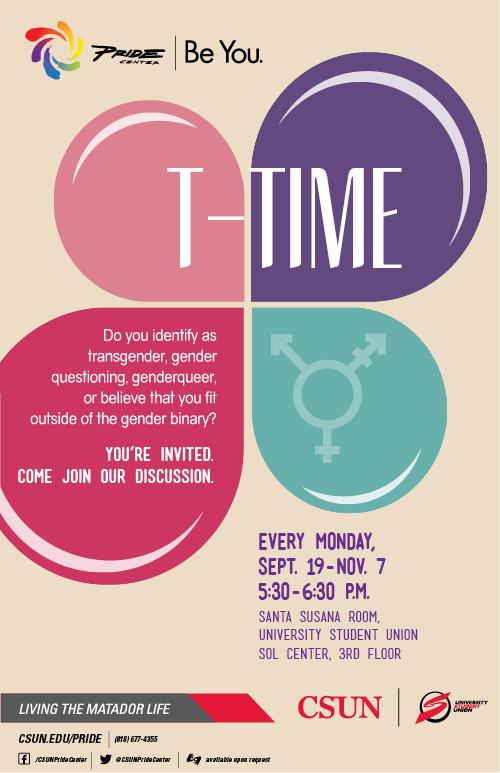 T-Time at the Pride Center on select Mondays from 5:30 - 6:30 p.m.
