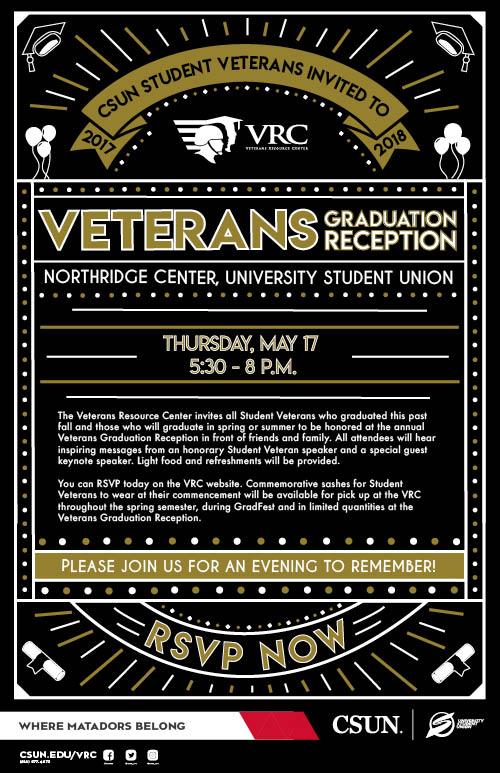 Veterans Graduation Reception. Thursday, May 17, 5:30 to 8 p.m., Northridge Center, USU