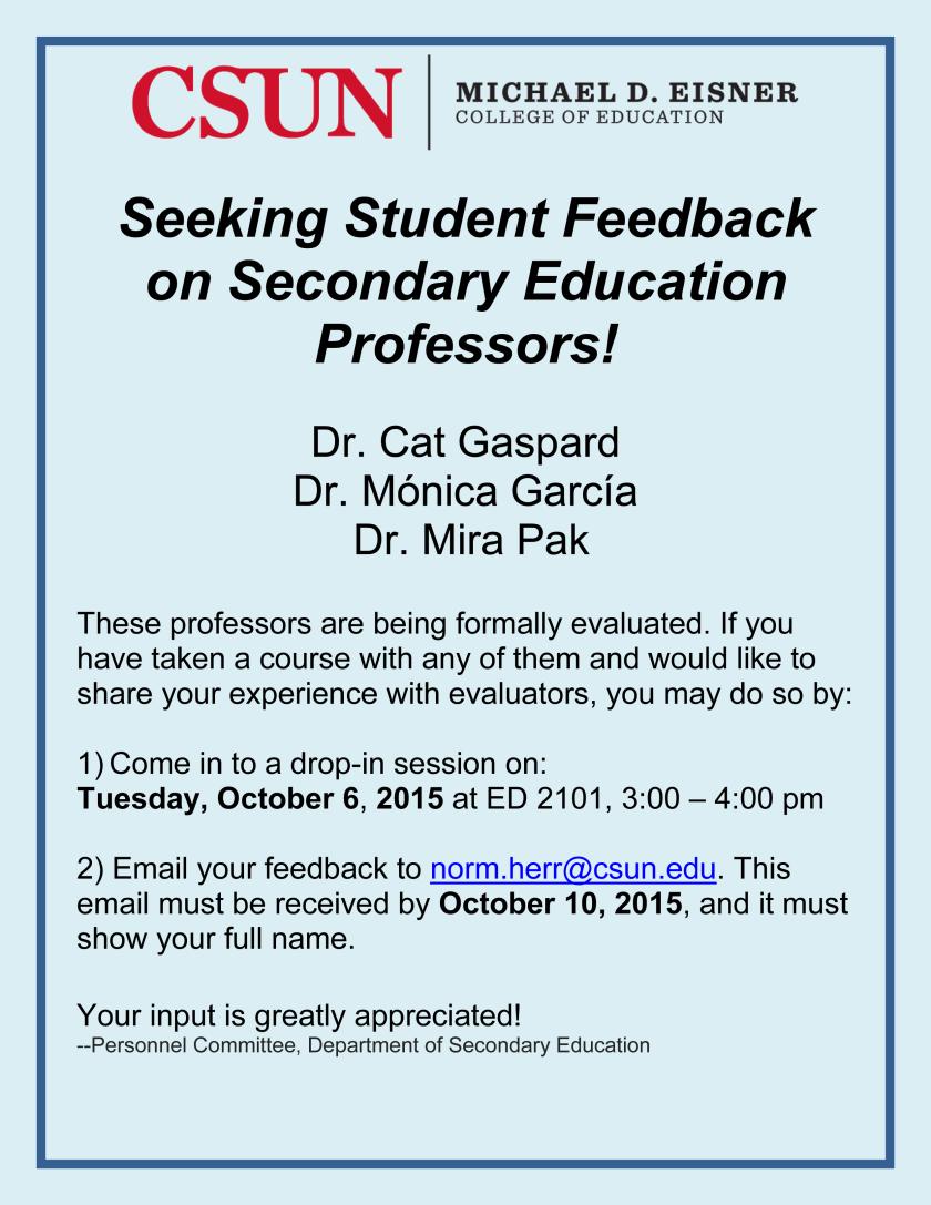 Brochure regarding student feedback on secondary education professors