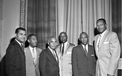 Billy Mills, Gilbert Lindsay, Tom Bradley and three men at City Hall, 1963