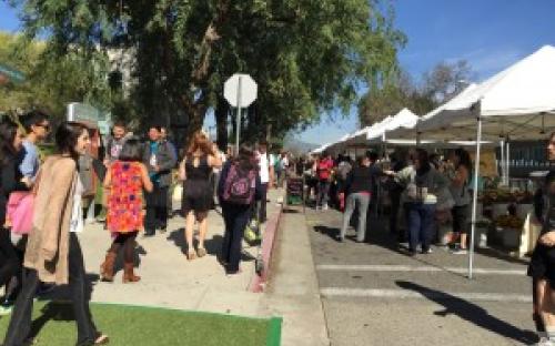 Crowd of people congregating in front of white farmers market tents