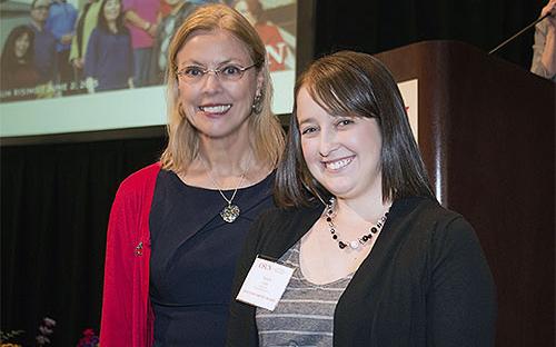 2015 Alumni Relations Award recipient Daniela Cross (Associated Students) with President Dianne F. Harrison. 