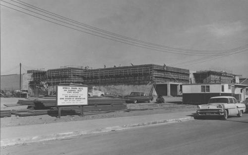 1960: Construction is completed on the Speech-Drama and Fine Arts buildings, the latter designed by famed architect Richard Neutra. 