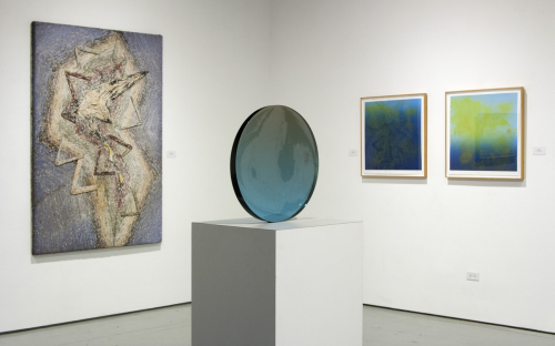 Install image of the Main Gallery front room,  with one resin sculpture, two prints and two paintings