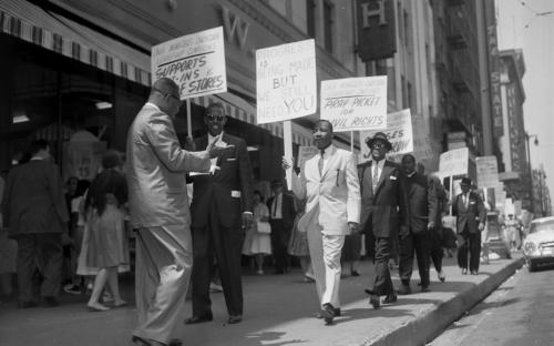 California Christian Ministers Conference, c/o Rev. M Dawkins, featuring Dr. King, protesting outside Woolworths, 1960
