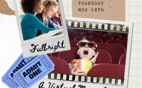 International Education Week 2021 - A Virtual Movie Night - Scrapbook style with two polaroid images, people studying and a kid in a movie theatre