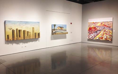 Installation shot. Three large scale works, Acrylic on three dimensional Canvas. On the Left, view of down town LA building.  Middle, Back yard pool. Right, View of valley landscape