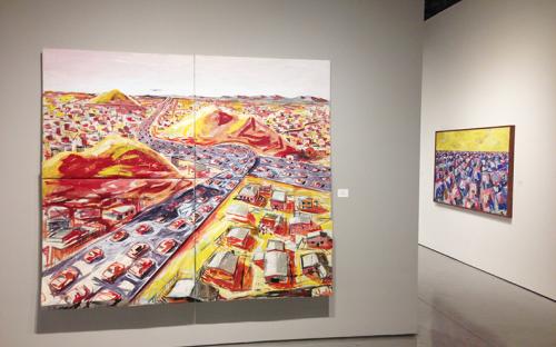 Installation shot. Large scale works, Acrylic on three dimensional Canvas. Left, view of the freeway from the valley.  Right, Abstracted view of the valley.
