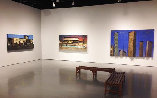 Installation shot. Three Large scale works, acrylic on three dimensional canvas.  Left, Down town Loft at Mill street. Middle, Backyard pool in the valley.  Right, city scape in down town LA.