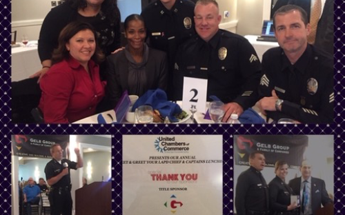 People celebrating, and event flyer, for LAPD Chief &amp; Captain&#039;s Luncheon