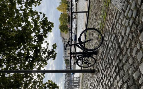 Bike parked on walking path along the river - UK