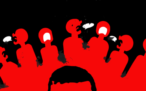 In Rachael Silveri&#039;s design, ominous red figures gossip mercilessly as they surround a silhouetted man figured in red and black. 