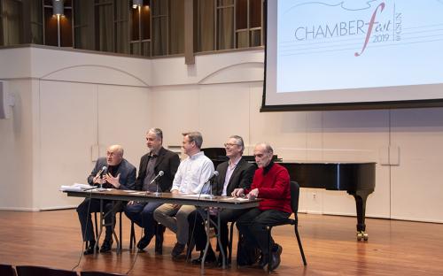 A ChamberFest @CSUN expert panel discussed the importance of chamber music and the composition process. Left to right: Dmitry Rachmanov, co-director of the festival and chair of keyboard in the CSUN Department of Music; composer Liviu Marinescu; composer 