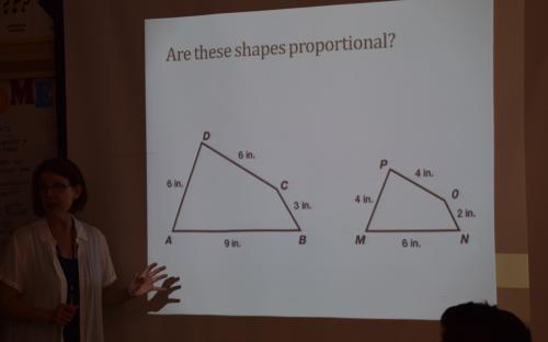 Presentation slide reading &quot;Are these shapes proportional?&quot;