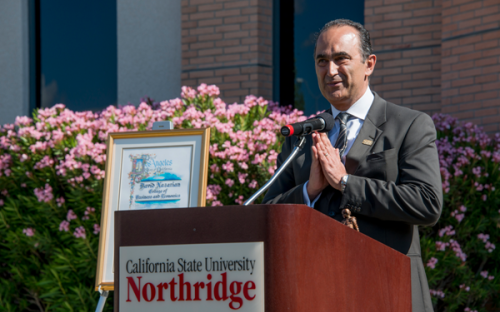 2014: Alumnus David Nazarian launches a $25-million fundraising drive with a $10-million gift. In recognition of his gift and pledge of continued support, CSUN has named its college of business the David Nazarian College of Business and Economics. 