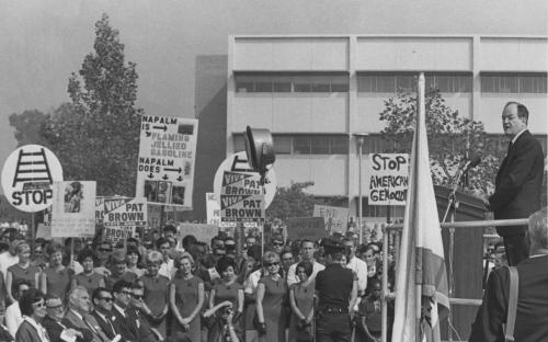 1966: Vice President Hubert Humphrey is heckled by anti-war protesters. Gubernatorial candidate Ronald Reagan gives a speech.