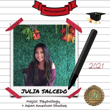 Julia Salcedo, Psychology and Asian American Studies Major, Class of 2021, JADE Program Peer Educator Volunteer