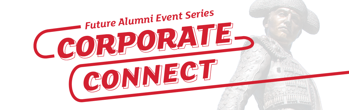 Future Alumni Corporate Connect web banner with matador background.