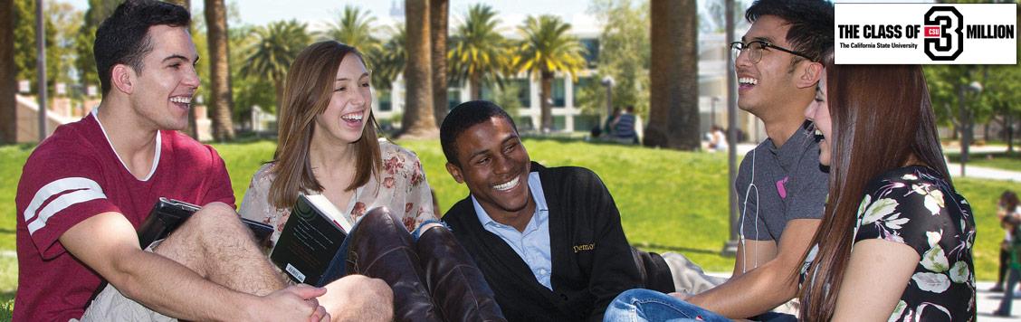 Diverse CSUN students laughing in a group.