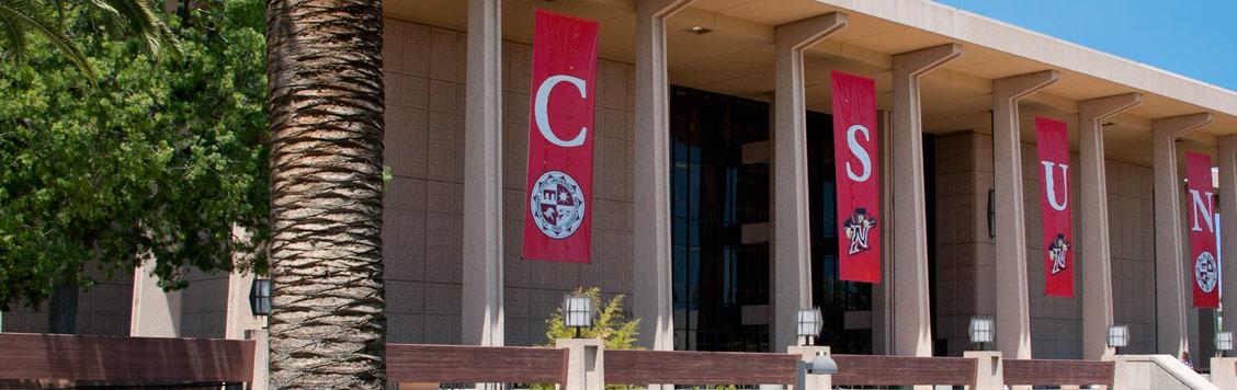 Oviatt Library with banners