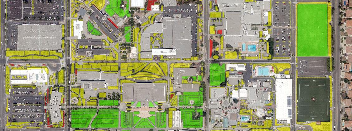 A map depicting which areas of campus are impacted by irrigation reductions and shutoffs