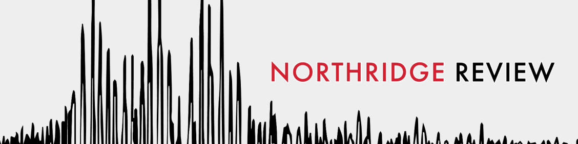 Text: Northridge Review; Image: the top half of the seismograph of the 1994 Northridge Earthquake on a gray background