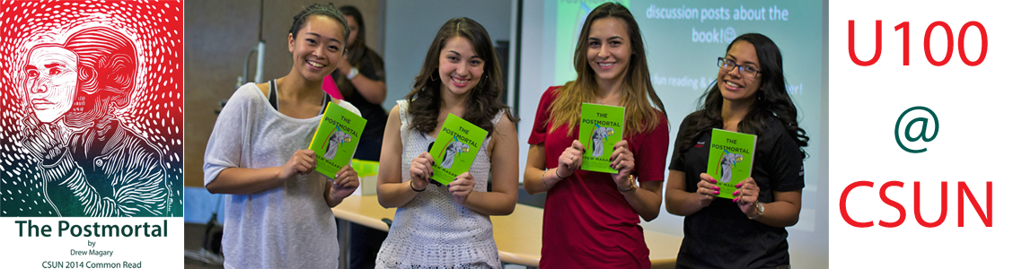 Montage of Postmortal poster and students holding the book for U100@CSUN.
