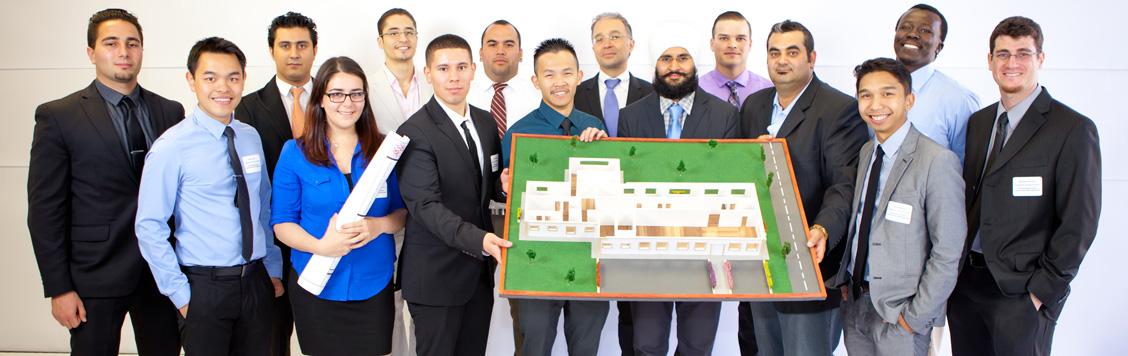 civil engineering students with design project model