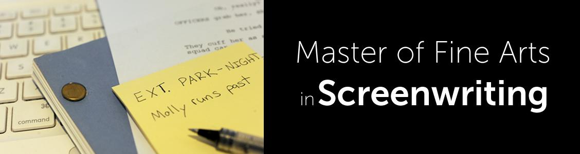 Script, writer&#039;s note, computer keyboard/banner with wording Master of Fine Arts in Screenwriting