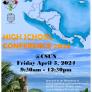 Flyer for event with details superimposed over map of Central America and beach scene