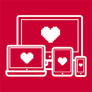 icon of laptop, computer, tablet, and smartphone with heart icon on the screens