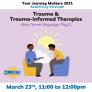 Your Journey Matters 2021: Redefining Strength presents Trauma &amp; Trauma-Informed Therapies with Alisa Turner Augustyn. Brought to you by Blues Project on March 23 at 11am. Two men seated, speaking with one another, with a cloud and sun in the background.