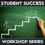 Student Success Workshop Series: stick figure man walking up steps to graduation cap
