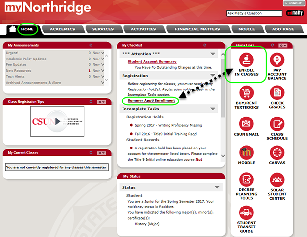 MyNorthridge Portal Home page showing My Checklist Registration section.