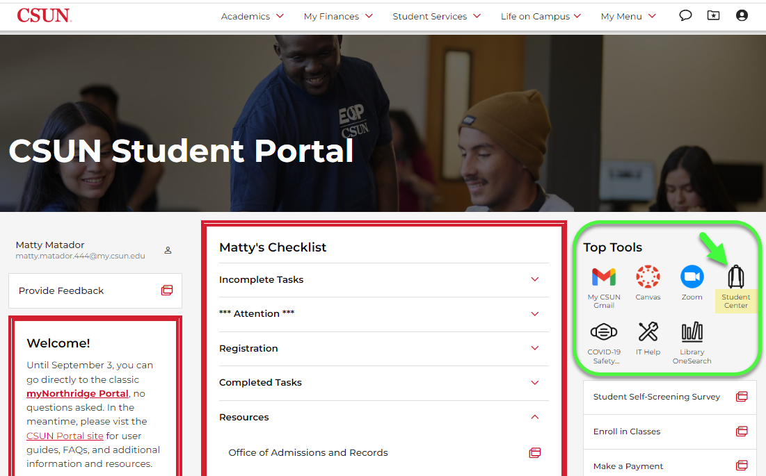  CSUN Portal Home page with My Checklist, Top Tools and Student Center icon link