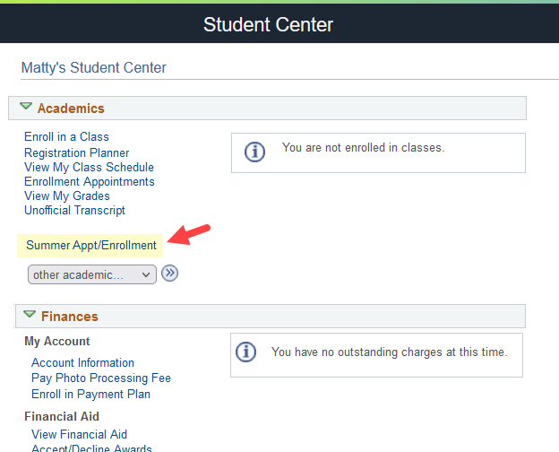 Student Center Academics section showing Summer Appointment/Enrollment link