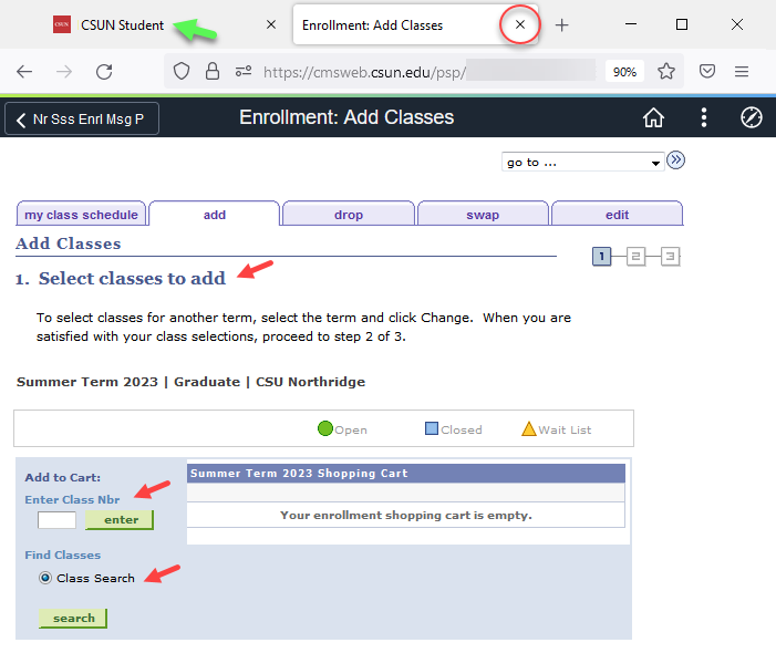 Summer Add a Class page with enrollment shopping cart and web browser tabs