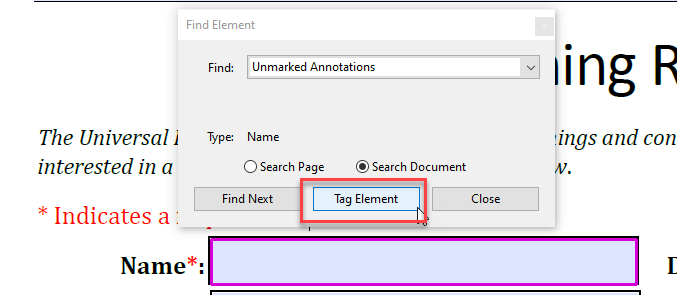 tag element button selected under find element window