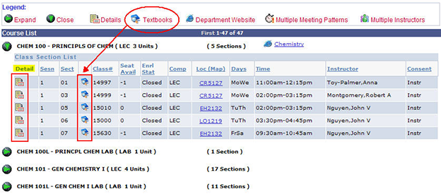 The Details icon displays in column 1 and the textbook icons in column 4.