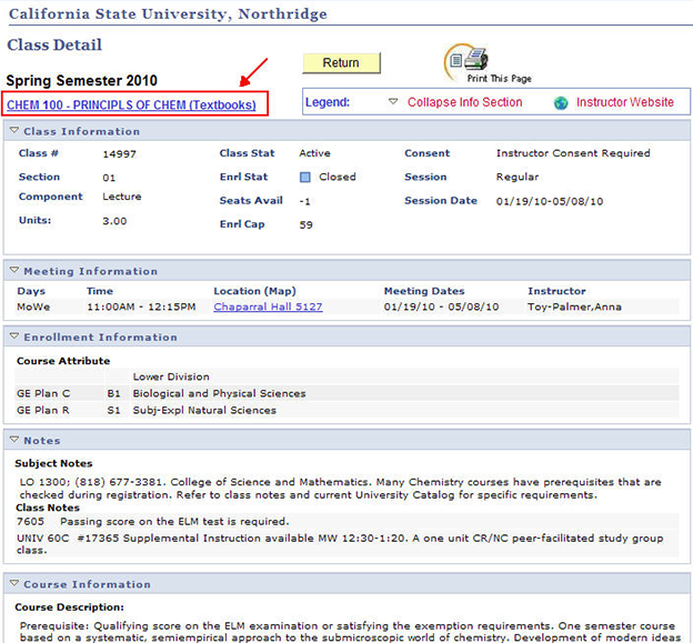 One CHEM 100 class section detail and textbook link.