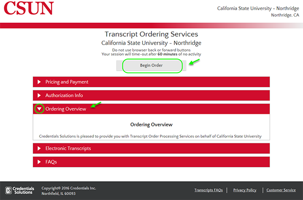 five accordion rows on the Transcript Ordering Services page displays.