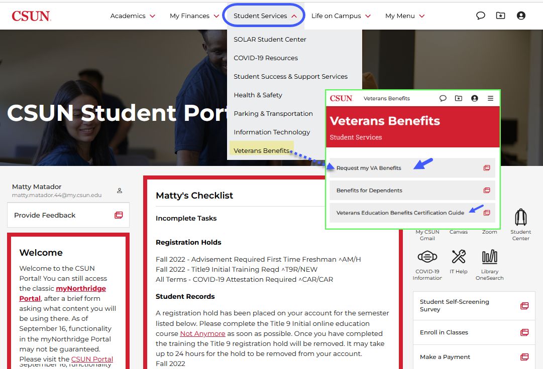 CSUN Portal home page and Student Services menu with link to Veterans Benefits