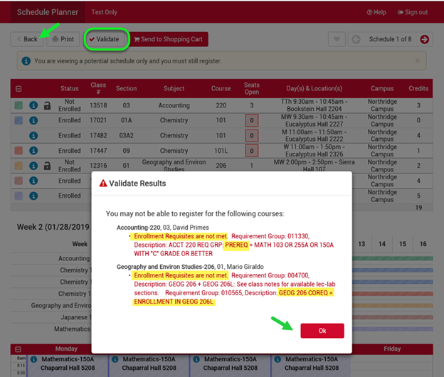Validate Results window showing a missing prerequisite and co-requisite	