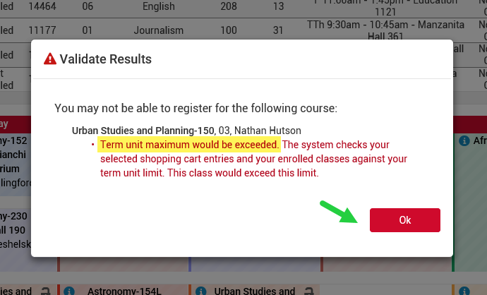 Validate Results window shows Term unit maximum exceeded error message.