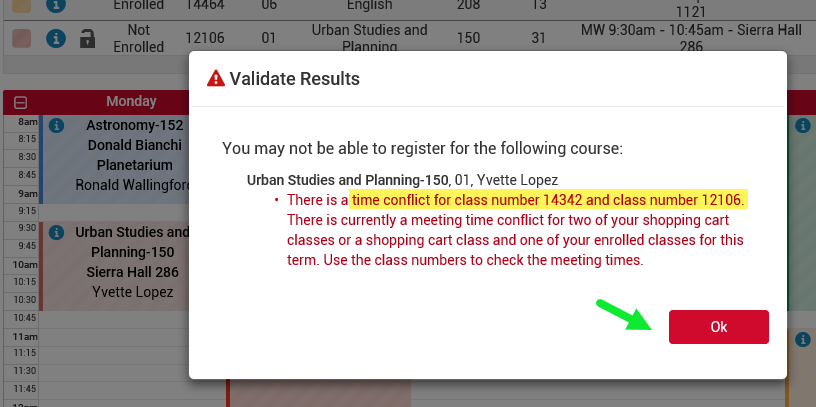 Validate Results shows a time conflict error between two class sections.